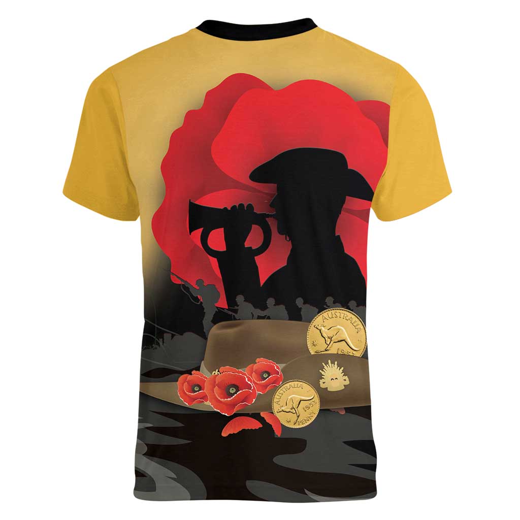 Australia Two-up Pennies ANZAC Day Women V-Neck T-Shirt Slouch Hat Last Post With Poppy