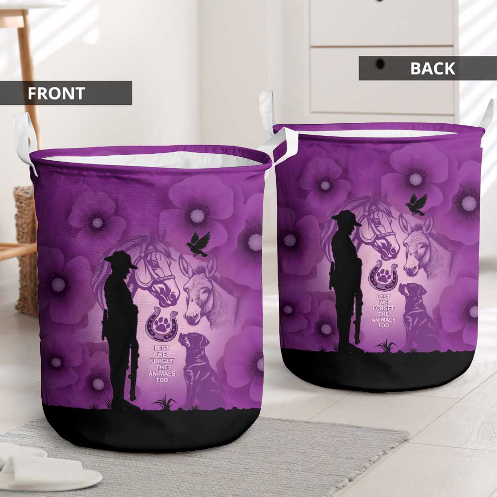 Australia Animals ANZAC Day Laundry Basket Lest We Forget The Animals Too Purple Poppy