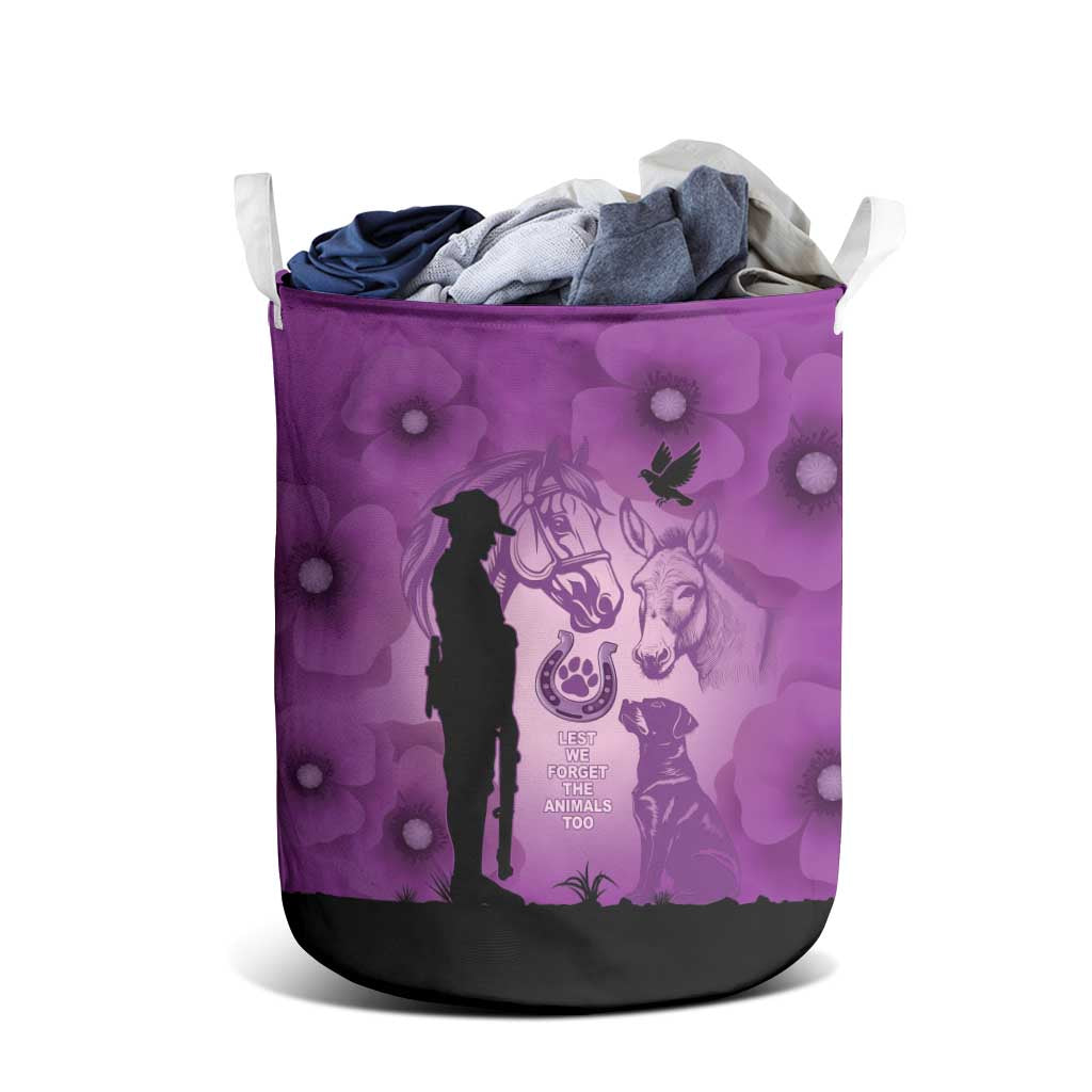 Australia Animals ANZAC Day Laundry Basket Lest We Forget The Animals Too Purple Poppy
