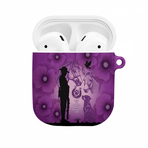 Australia Animals ANZAC Day AirPods Case Lest We Forget The Animals Too Purple Poppy