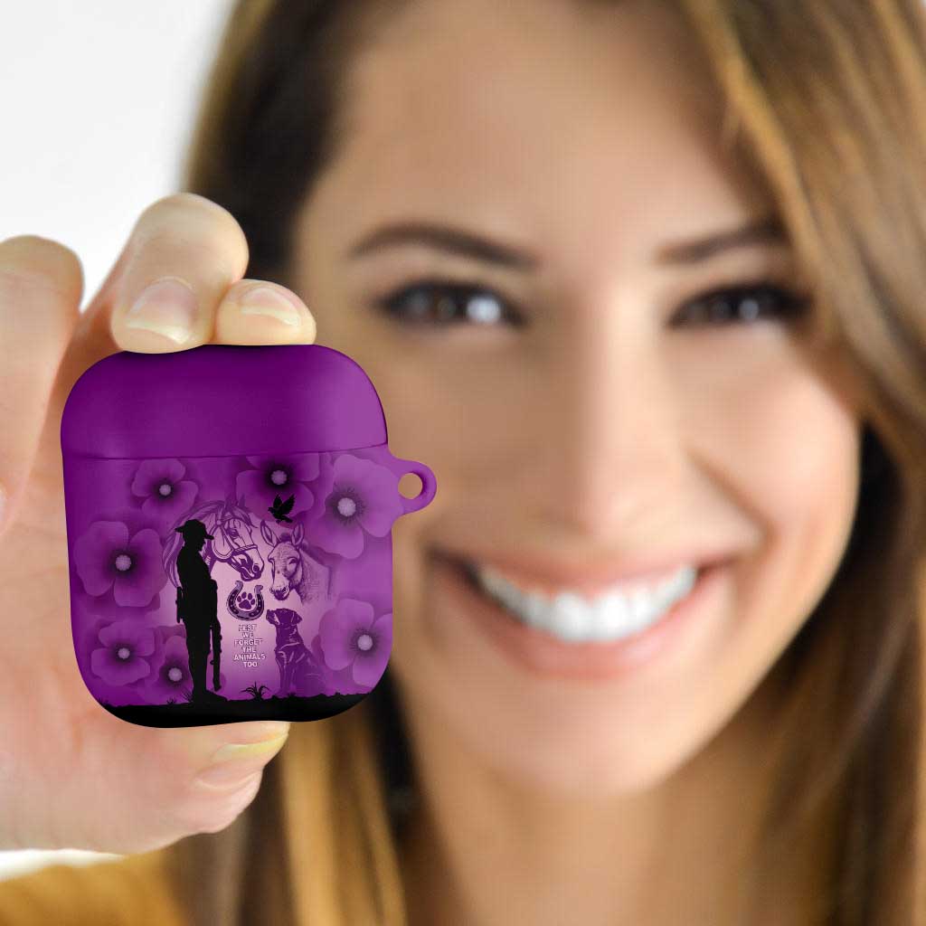 Australia Animals ANZAC Day AirPods Case Lest We Forget The Animals Too Purple Poppy