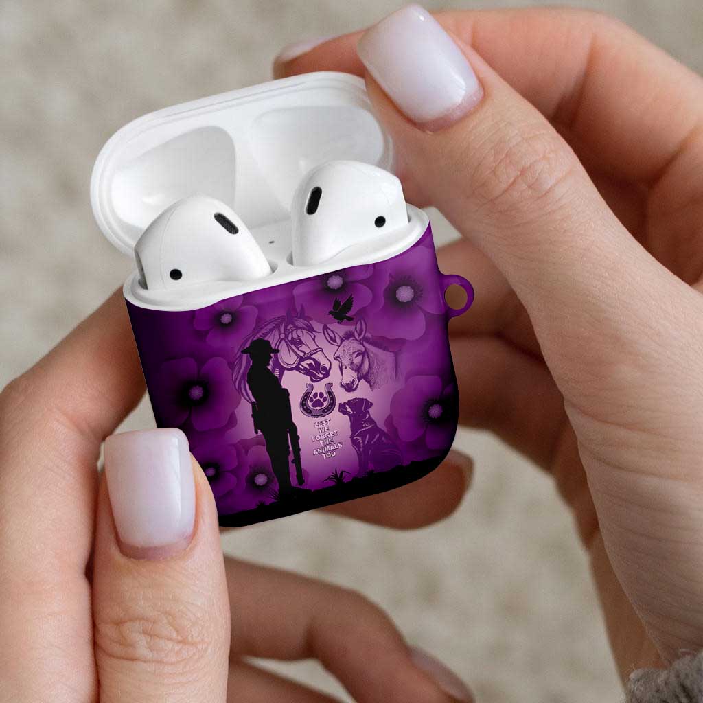 Australia Animals ANZAC Day AirPods Case Lest We Forget The Animals Too Purple Poppy