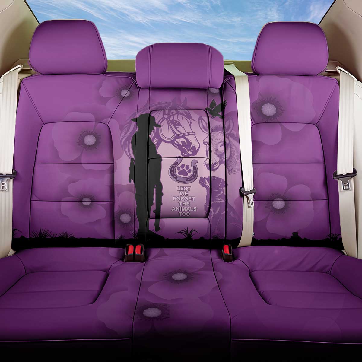 Australia Animals ANZAC Day Back Car Seat Cover Lest We Forget The Animals Too Purple Poppy