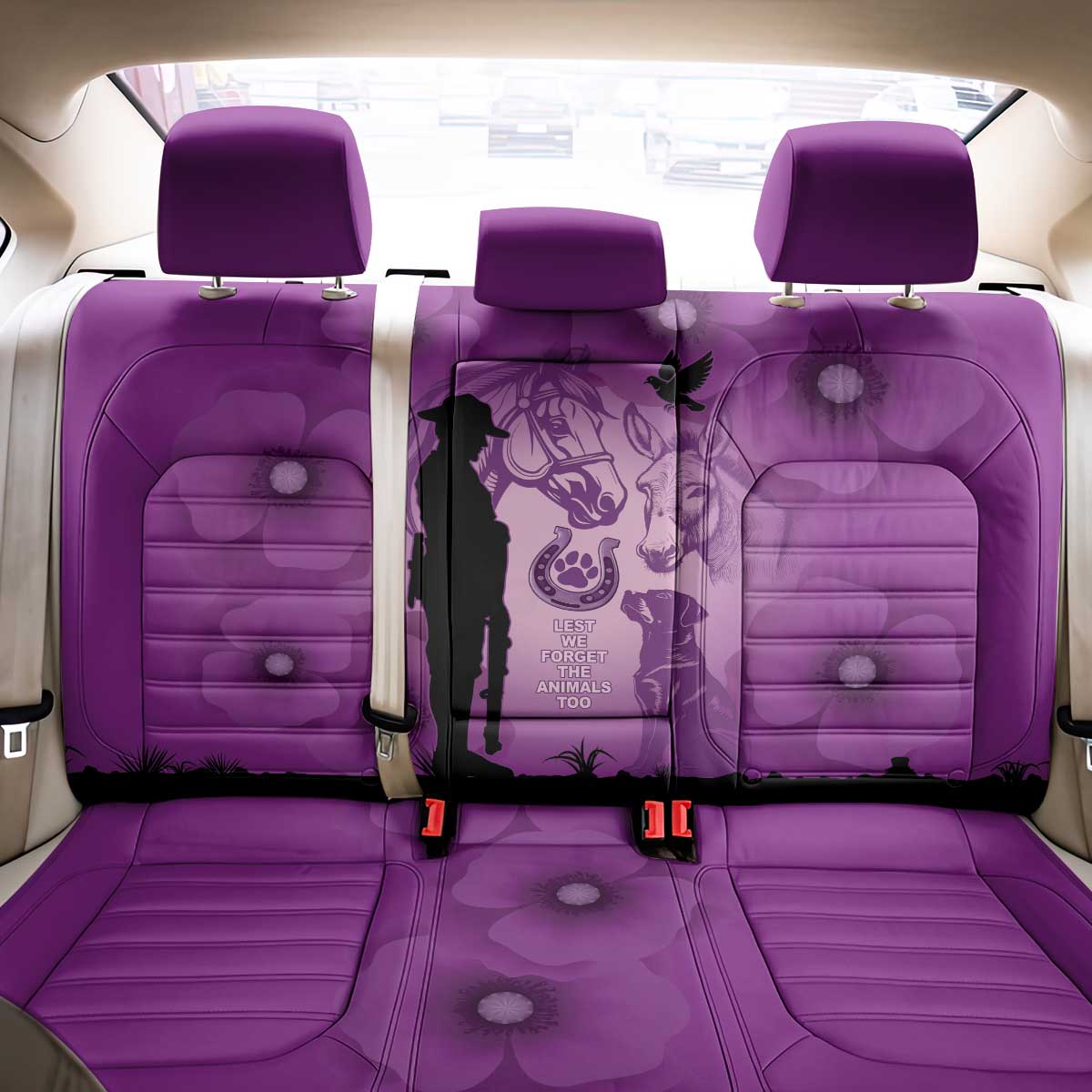 Australia Animals ANZAC Day Back Car Seat Cover Lest We Forget The Animals Too Purple Poppy