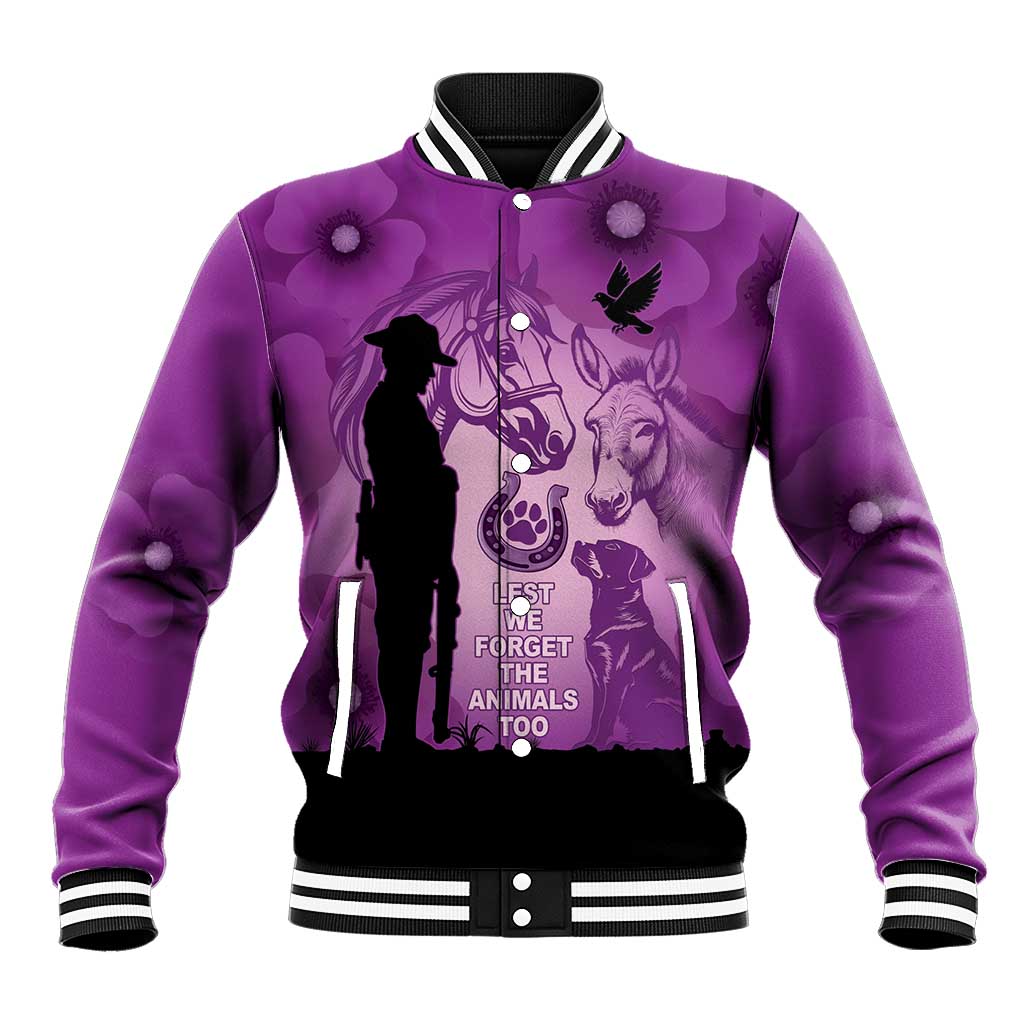 Australia Animals ANZAC Day Baseball Jacket Lest We Forget The Animals Too Purple Poppy