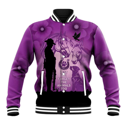 Australia Animals ANZAC Day Baseball Jacket Lest We Forget The Animals Too Purple Poppy