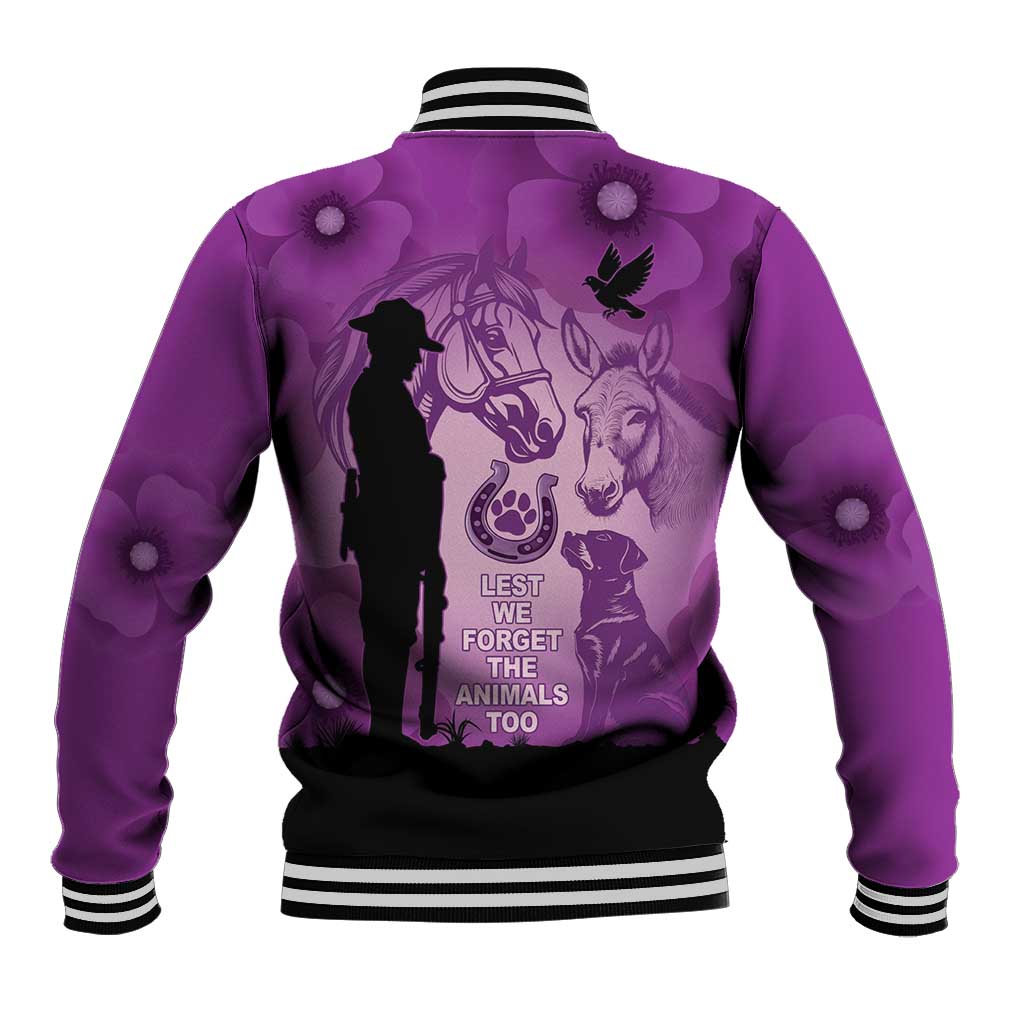Australia Animals ANZAC Day Baseball Jacket Lest We Forget The Animals Too Purple Poppy