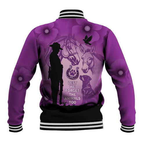 Australia Animals ANZAC Day Baseball Jacket Lest We Forget The Animals Too Purple Poppy