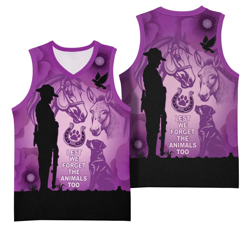 Australia Animals ANZAC Day Basketball Jersey Lest We Forget The Animals Too Purple Poppy