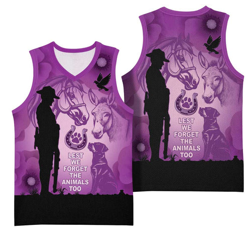 Australia Animals ANZAC Day Basketball Jersey Lest We Forget The Animals Too Purple Poppy