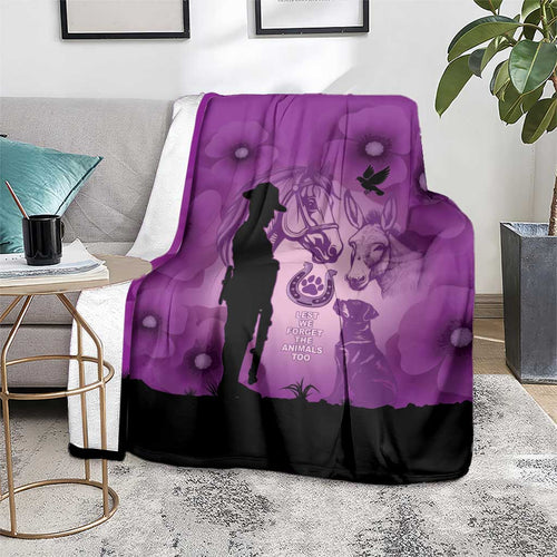 Australia Animals ANZAC Day Blanket Lest We Forget The Animals Too Purple Poppy