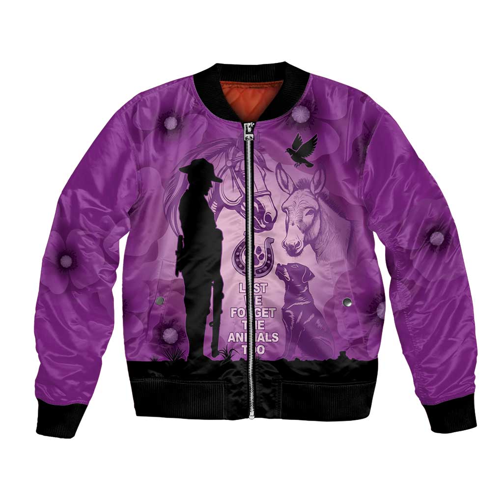 Australia Animals ANZAC Day Bomber Jacket Lest We Forget The Animals Too Purple Poppy