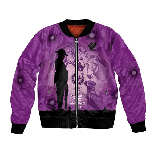 Australia Animals ANZAC Day Bomber Jacket Lest We Forget The Animals Too Purple Poppy
