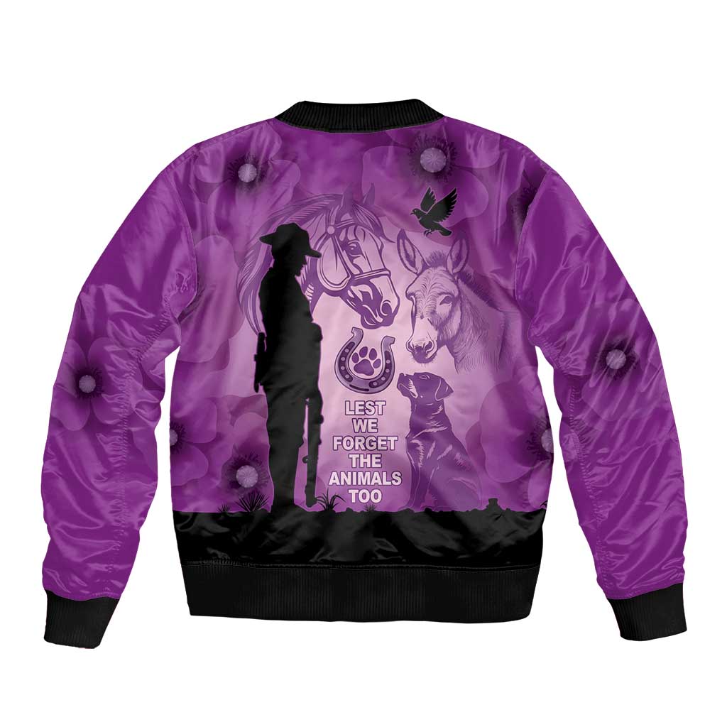 Australia Animals ANZAC Day Bomber Jacket Lest We Forget The Animals Too Purple Poppy