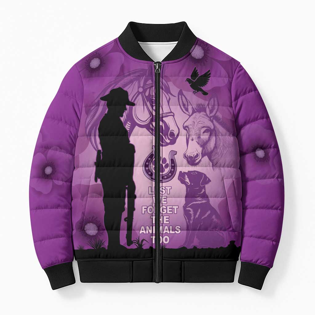 Australia Animals ANZAC Day Bomber Puffer Jacket Lest We Forget The Animals Too Purple Poppy