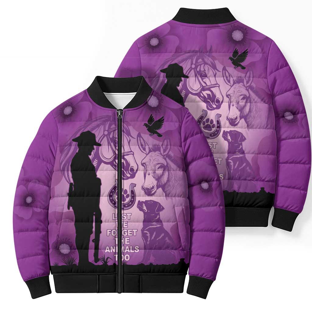 Australia Animals ANZAC Day Bomber Puffer Jacket Lest We Forget The Animals Too Purple Poppy