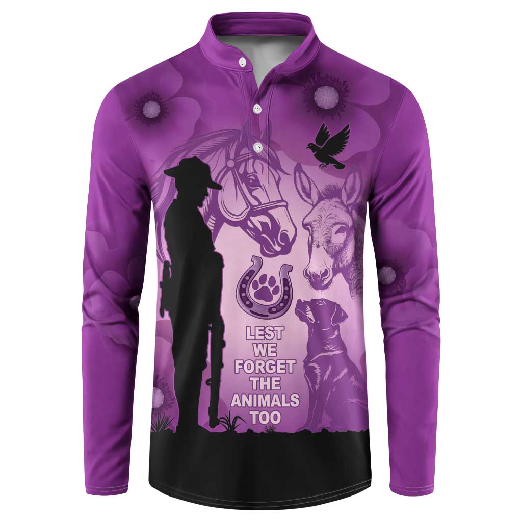 Australia Animals ANZAC Day Button Sweatshirt Lest We Forget The Animals Too Purple Poppy