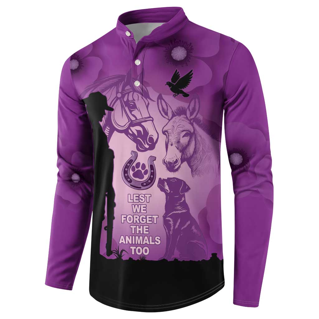 Australia Animals ANZAC Day Button Sweatshirt Lest We Forget The Animals Too Purple Poppy