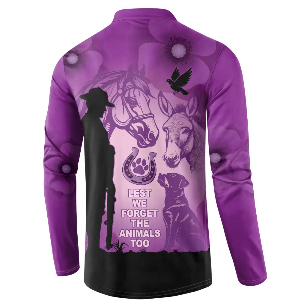 Australia Animals ANZAC Day Button Sweatshirt Lest We Forget The Animals Too Purple Poppy