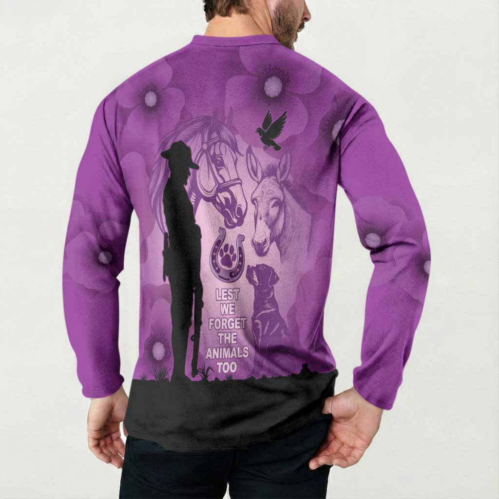 Australia Animals ANZAC Day Button Sweatshirt Lest We Forget The Animals Too Purple Poppy