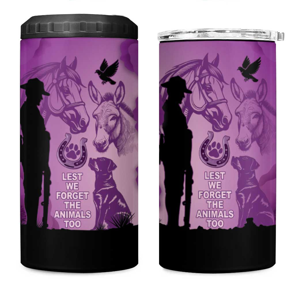 Australia Animals ANZAC Day 4 in 1 Can Cooler Tumbler Lest We Forget The Animals Too Purple Poppy