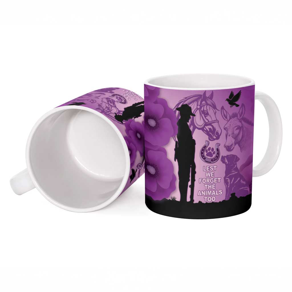 Australia Animals ANZAC Day Ceramic Mug Lest We Forget The Animals Too Purple Poppy
