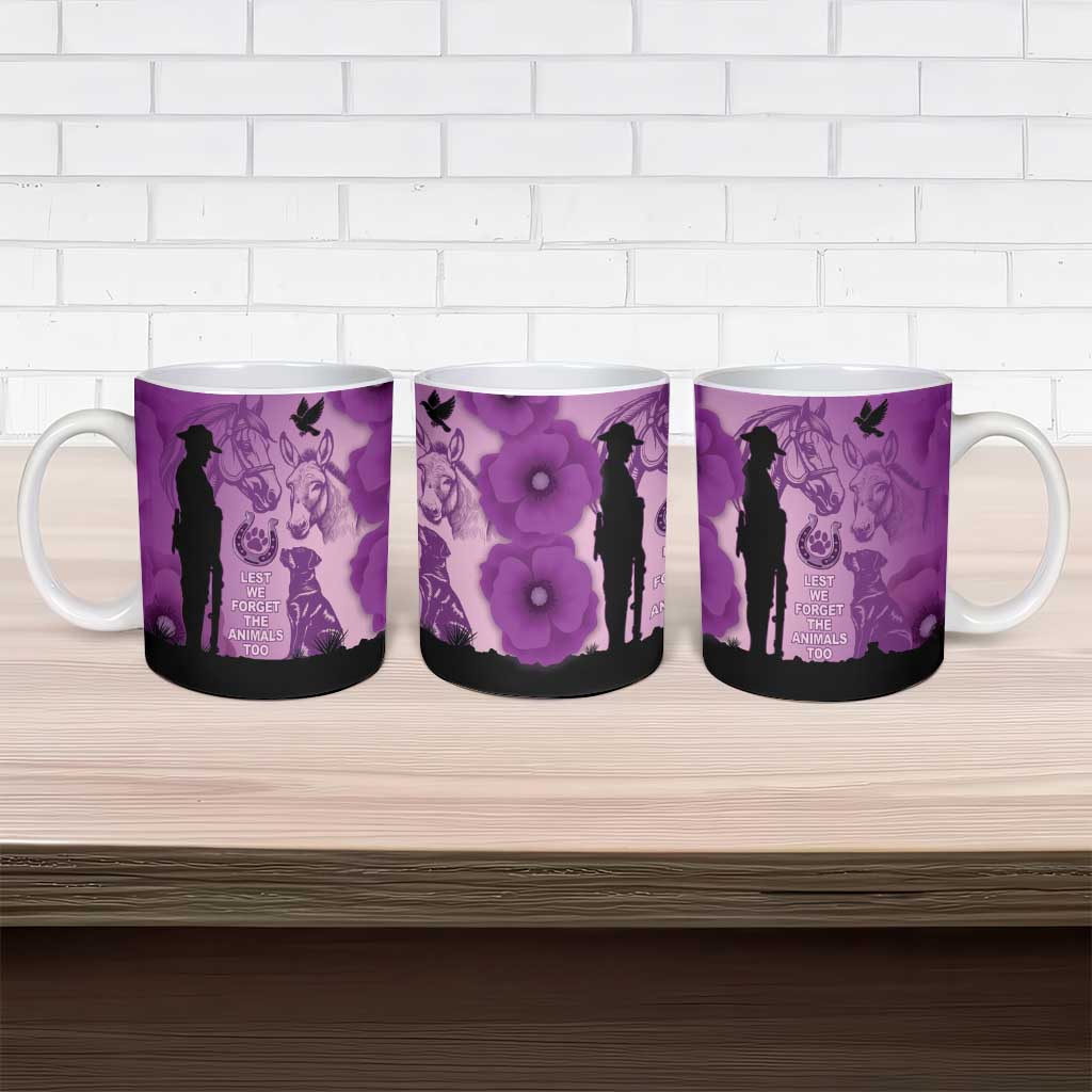 Australia Animals ANZAC Day Ceramic Mug Lest We Forget The Animals Too Purple Poppy