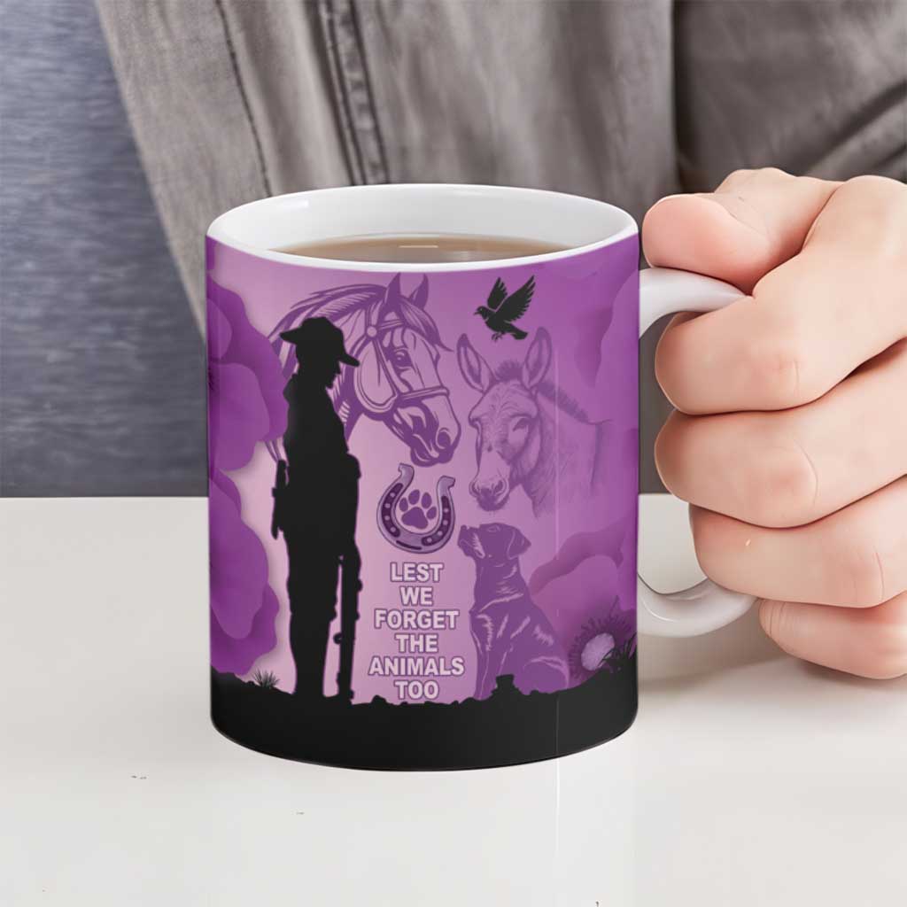 Australia Animals ANZAC Day Ceramic Mug Lest We Forget The Animals Too Purple Poppy