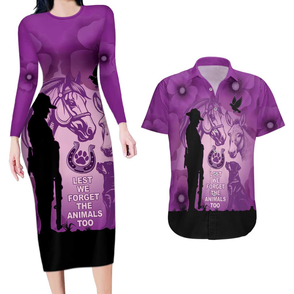 Australia Animals ANZAC Day Couples Matching Long Sleeve Bodycon Dress and Hawaiian Shirt Lest We Forget The Animals Too Purple Poppy