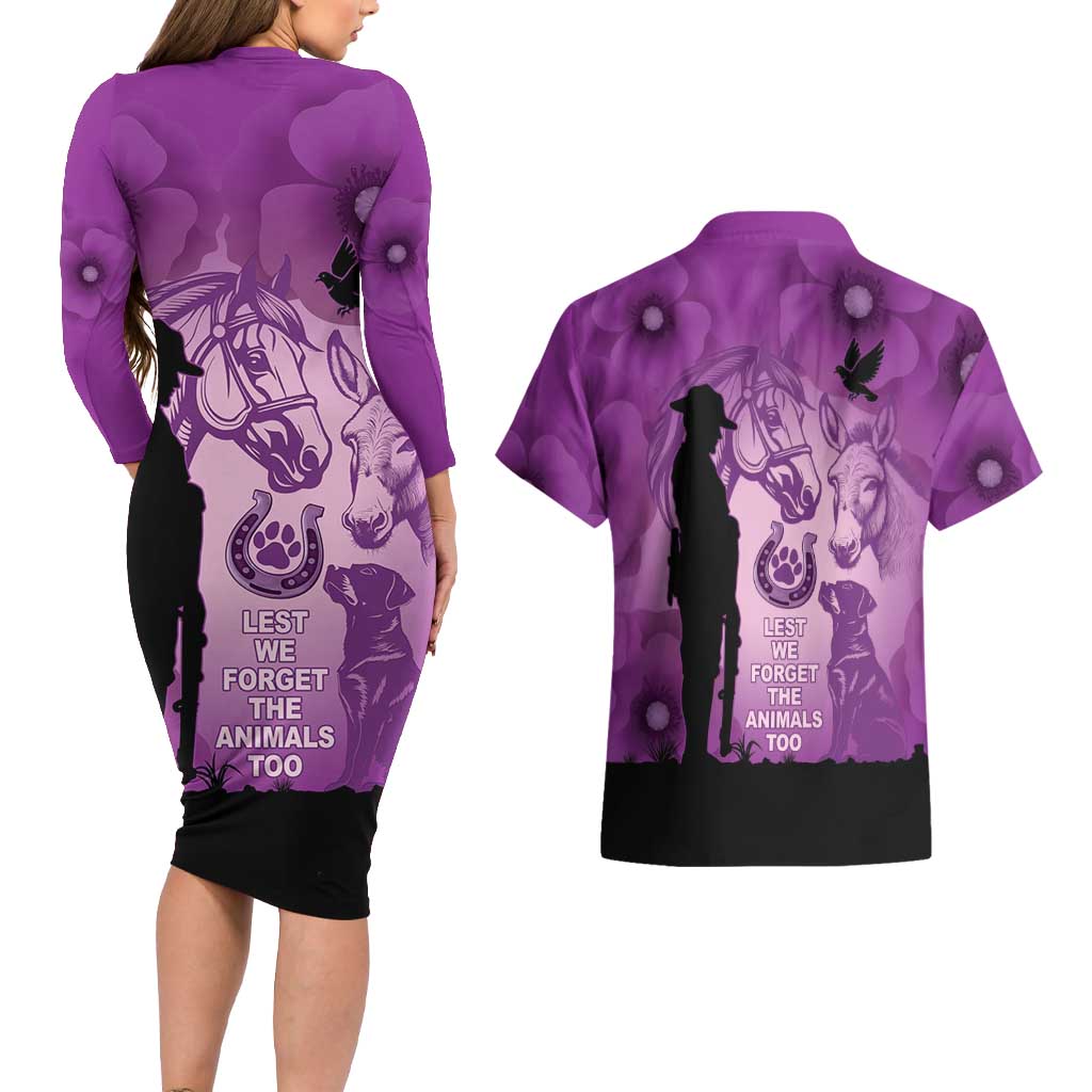 Australia Animals ANZAC Day Couples Matching Long Sleeve Bodycon Dress and Hawaiian Shirt Lest We Forget The Animals Too Purple Poppy