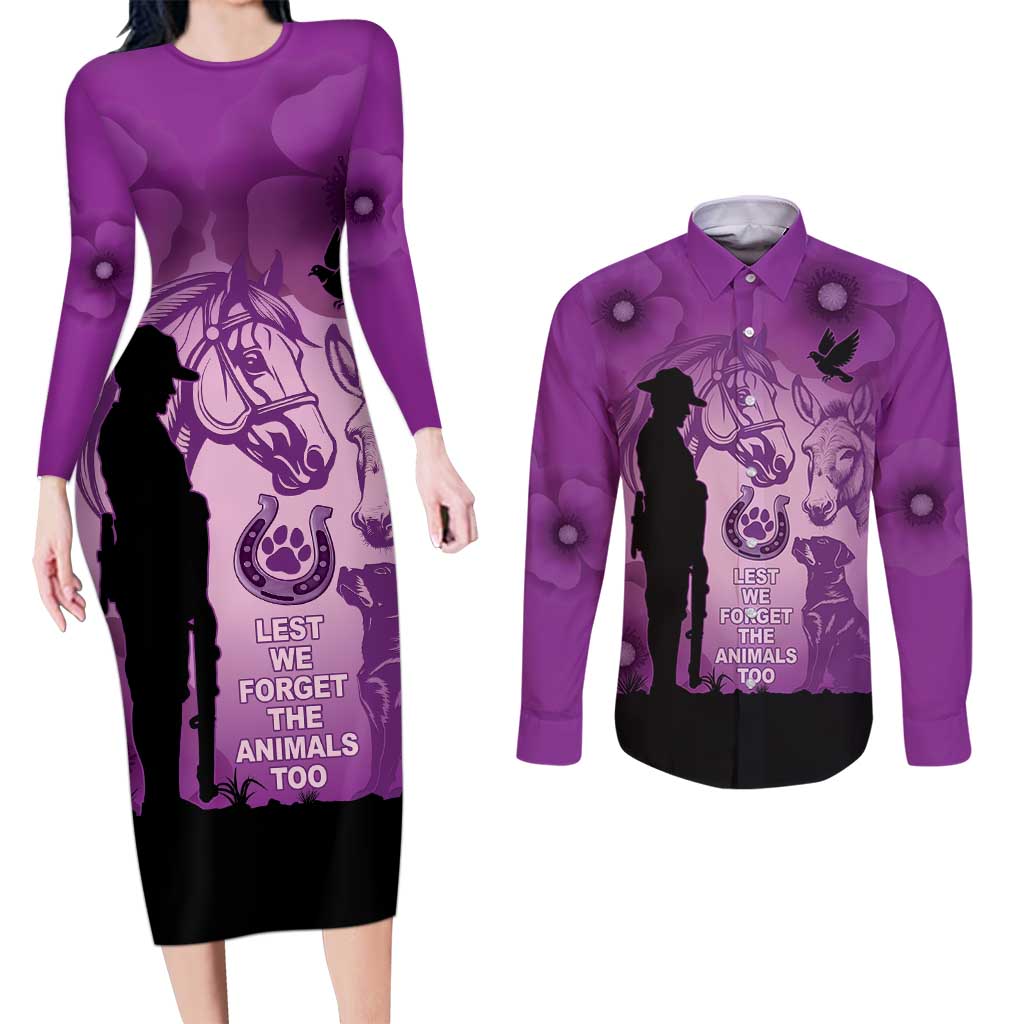 Australia Animals ANZAC Day Couples Matching Long Sleeve Bodycon Dress and Long Sleeve Button Shirt Lest We Forget The Animals Too Purple Poppy