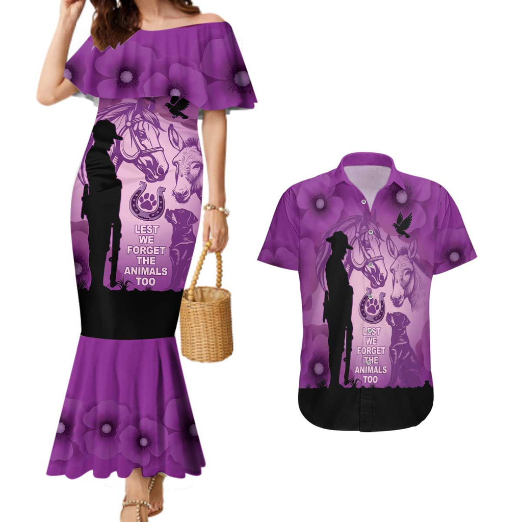 Australia Animals ANZAC Day Couples Matching Mermaid Dress and Hawaiian Shirt Lest We Forget The Animals Too Purple Poppy