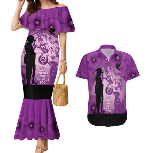 Australia Animals ANZAC Day Couples Matching Mermaid Dress and Hawaiian Shirt Lest We Forget The Animals Too Purple Poppy