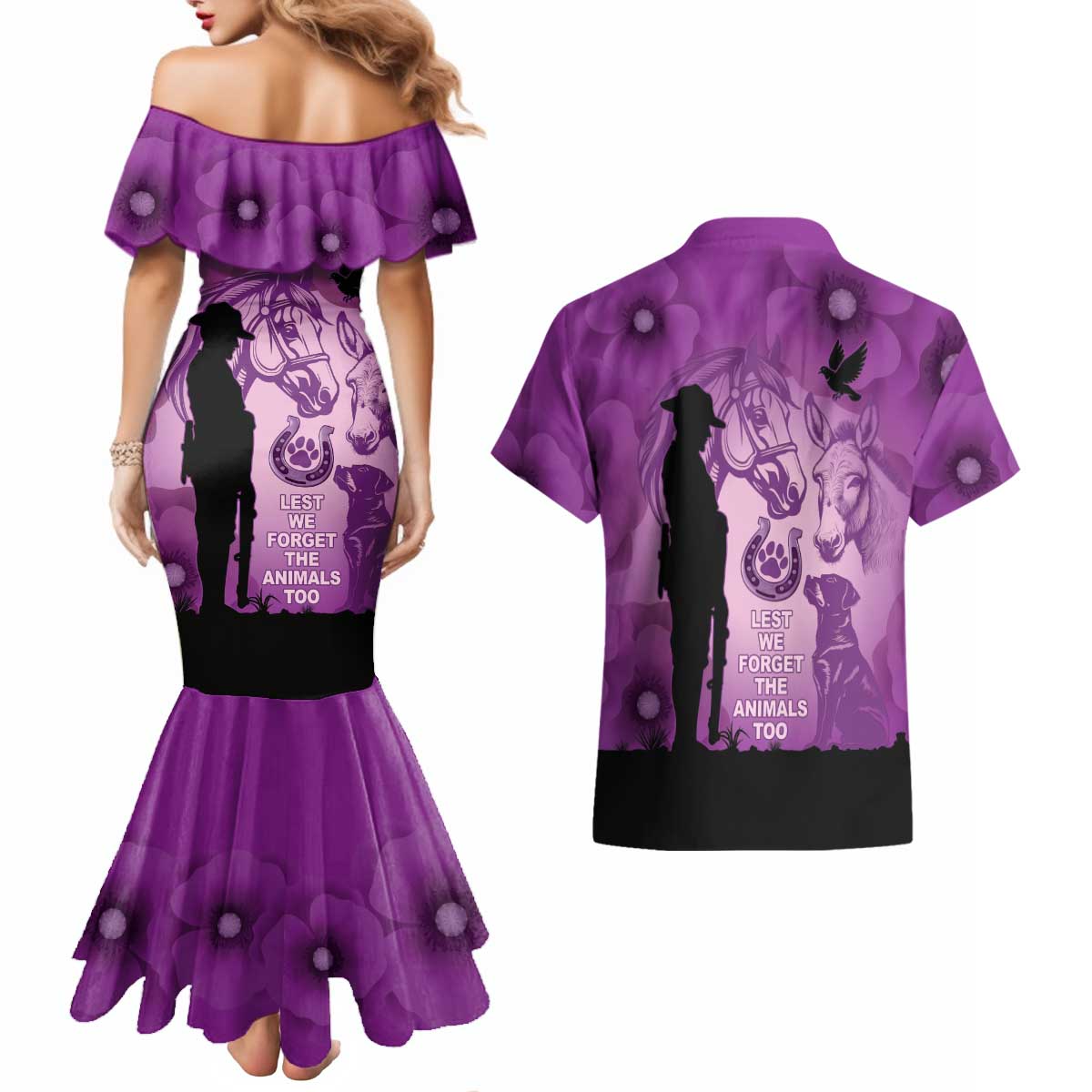 Australia Animals ANZAC Day Couples Matching Mermaid Dress and Hawaiian Shirt Lest We Forget The Animals Too Purple Poppy