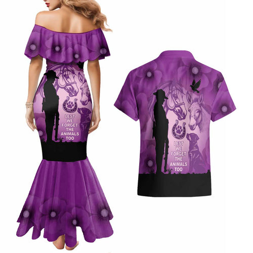 Australia Animals ANZAC Day Couples Matching Mermaid Dress and Hawaiian Shirt Lest We Forget The Animals Too Purple Poppy
