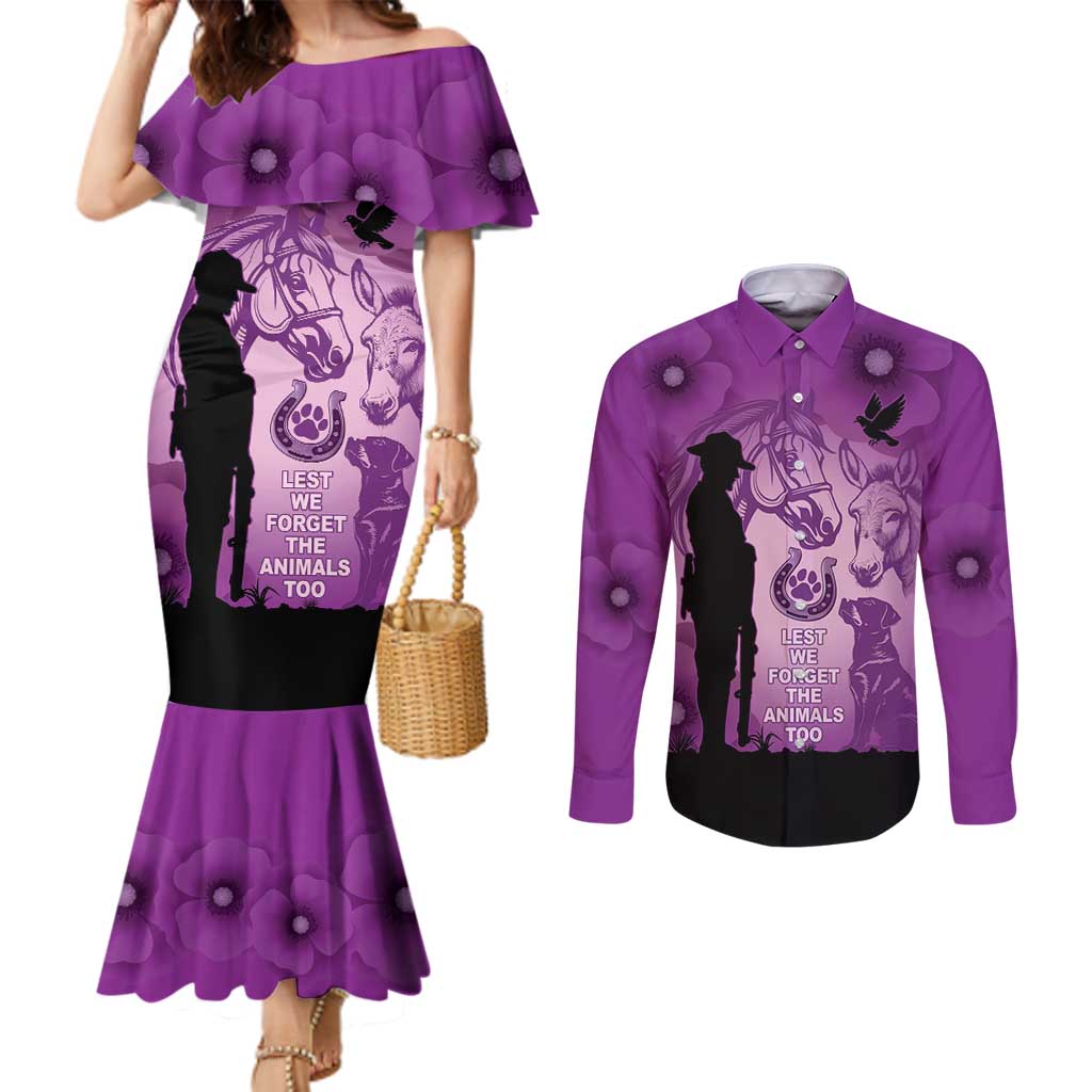 Australia Animals ANZAC Day Couples Matching Mermaid Dress and Long Sleeve Button Shirt Lest We Forget The Animals Too Purple Poppy