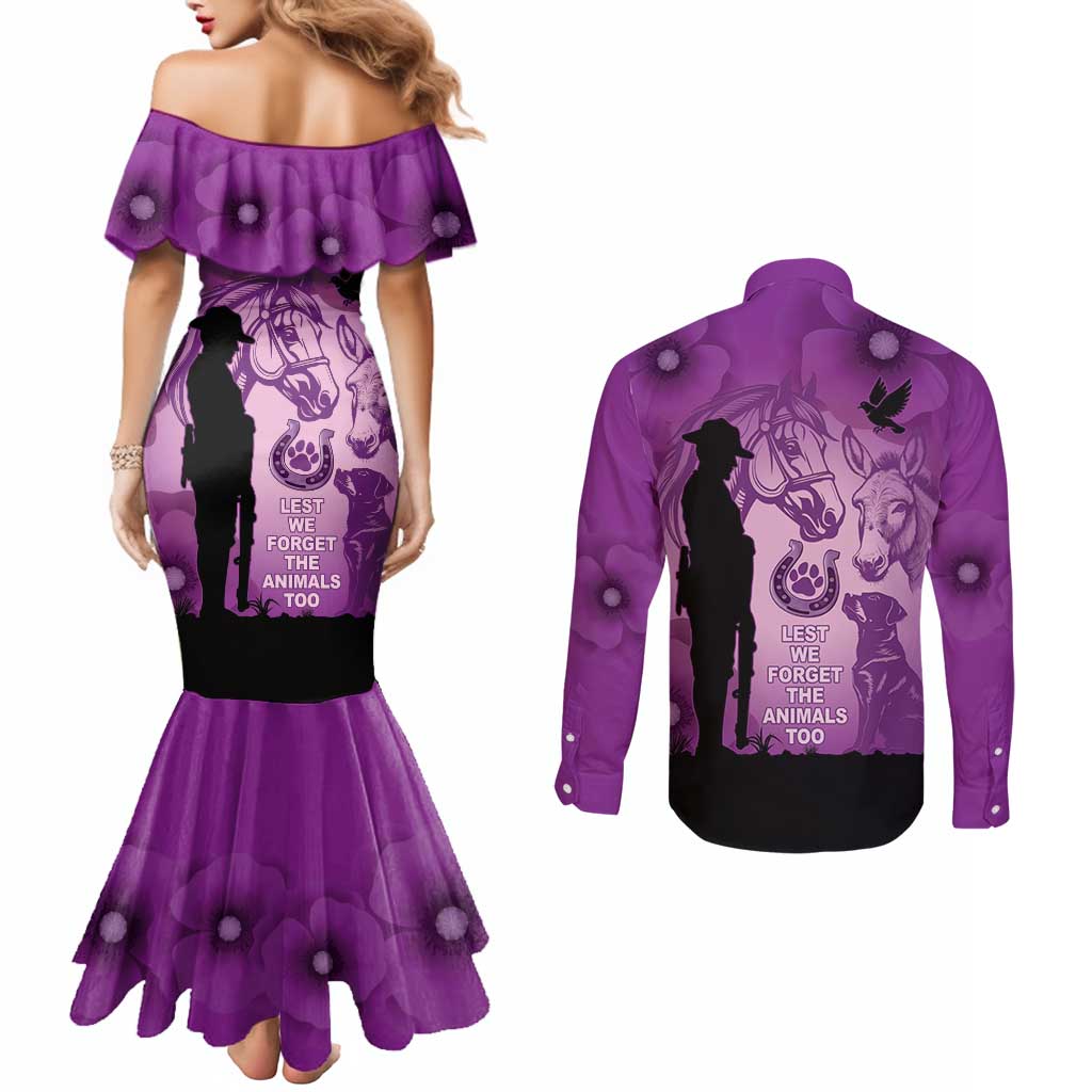 Australia Animals ANZAC Day Couples Matching Mermaid Dress and Long Sleeve Button Shirt Lest We Forget The Animals Too Purple Poppy