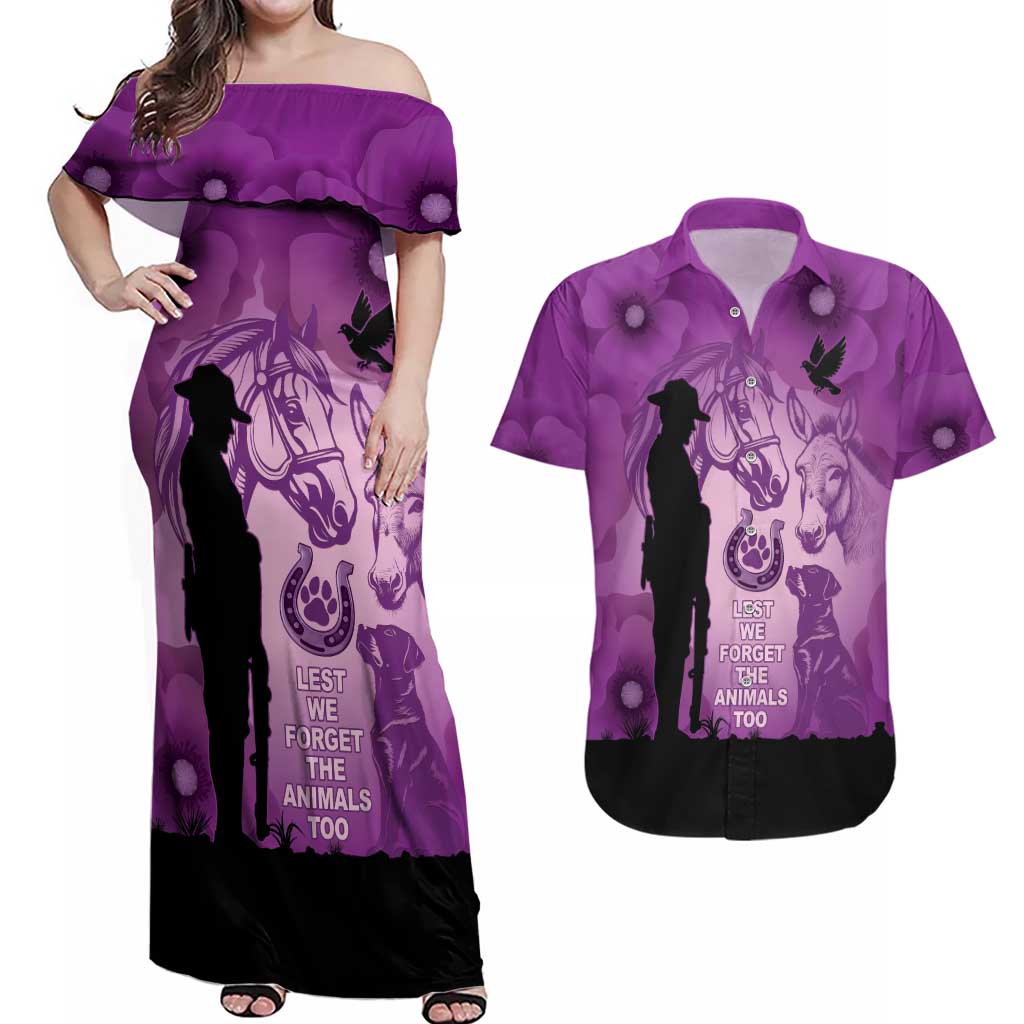 Australia Animals ANZAC Day Couples Matching Off Shoulder Maxi Dress and Hawaiian Shirt Lest We Forget The Animals Too Purple Poppy