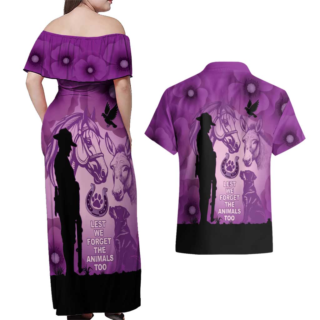 Australia Animals ANZAC Day Couples Matching Off Shoulder Maxi Dress and Hawaiian Shirt Lest We Forget The Animals Too Purple Poppy