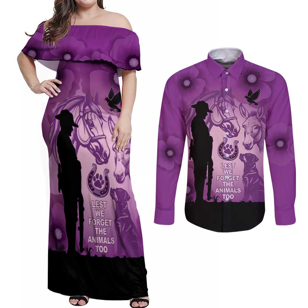 Australia Animals ANZAC Day Couples Matching Off Shoulder Maxi Dress and Long Sleeve Button Shirt Lest We Forget The Animals Too Purple Poppy