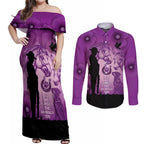 Australia Animals ANZAC Day Couples Matching Off Shoulder Maxi Dress and Long Sleeve Button Shirt Lest We Forget The Animals Too Purple Poppy