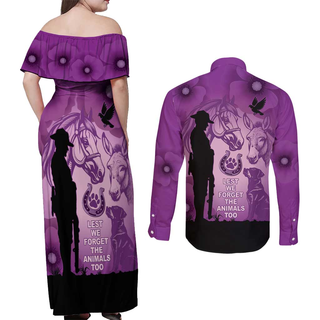 Australia Animals ANZAC Day Couples Matching Off Shoulder Maxi Dress and Long Sleeve Button Shirt Lest We Forget The Animals Too Purple Poppy