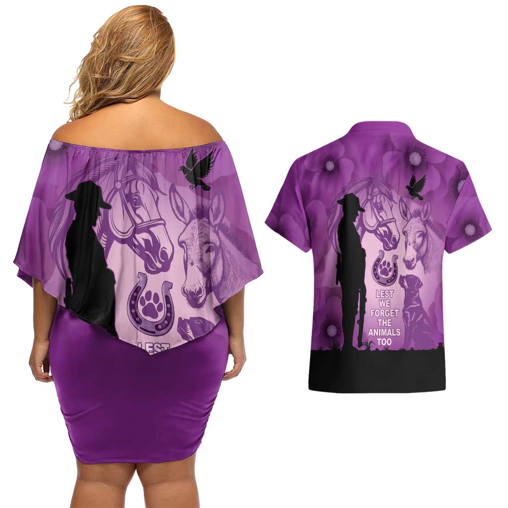 Australia Animals ANZAC Day Couples Matching Off Shoulder Short Dress and Hawaiian Shirt Lest We Forget The Animals Too Purple Poppy