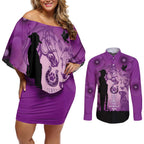 Australia Animals ANZAC Day Couples Matching Off Shoulder Short Dress and Long Sleeve Button Shirt Lest We Forget The Animals Too Purple Poppy