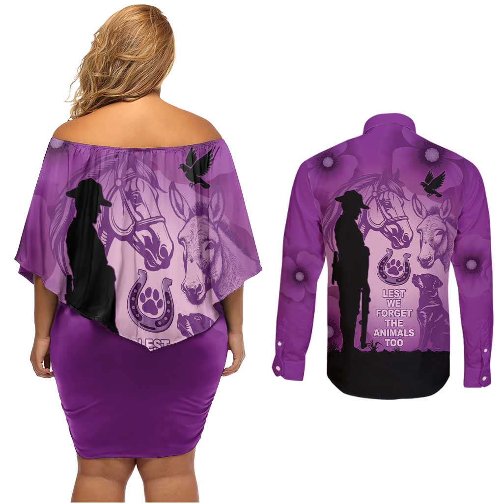 Australia Animals ANZAC Day Couples Matching Off Shoulder Short Dress and Long Sleeve Button Shirt Lest We Forget The Animals Too Purple Poppy