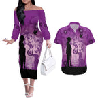 Australia Animals ANZAC Day Couples Matching Off The Shoulder Long Sleeve Dress and Hawaiian Shirt Lest We Forget The Animals Too Purple Poppy