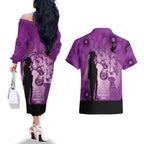 Australia Animals ANZAC Day Couples Matching Off The Shoulder Long Sleeve Dress and Hawaiian Shirt Lest We Forget The Animals Too Purple Poppy