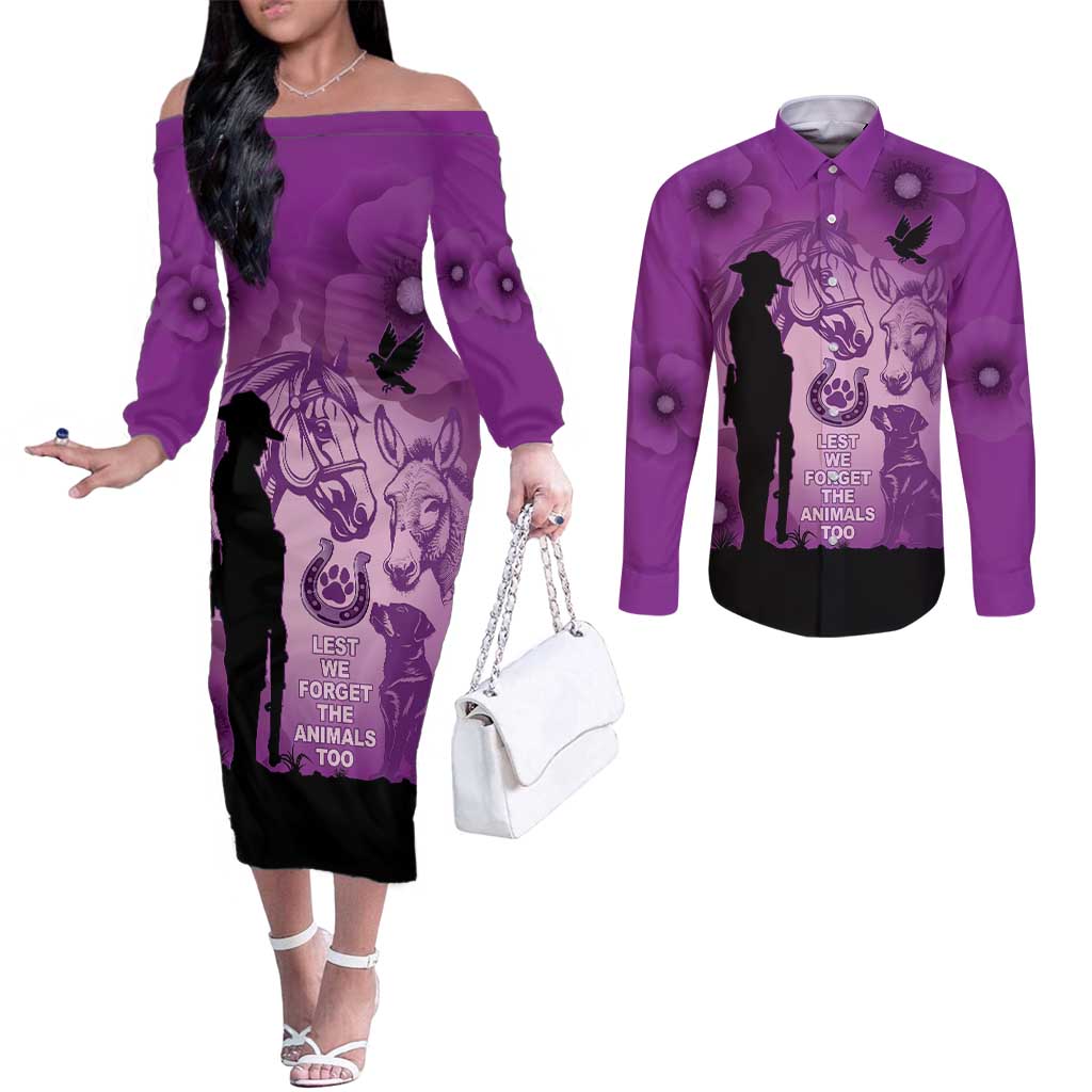 Australia Animals ANZAC Day Couples Matching Off The Shoulder Long Sleeve Dress and Long Sleeve Button Shirt Lest We Forget The Animals Too Purple Poppy
