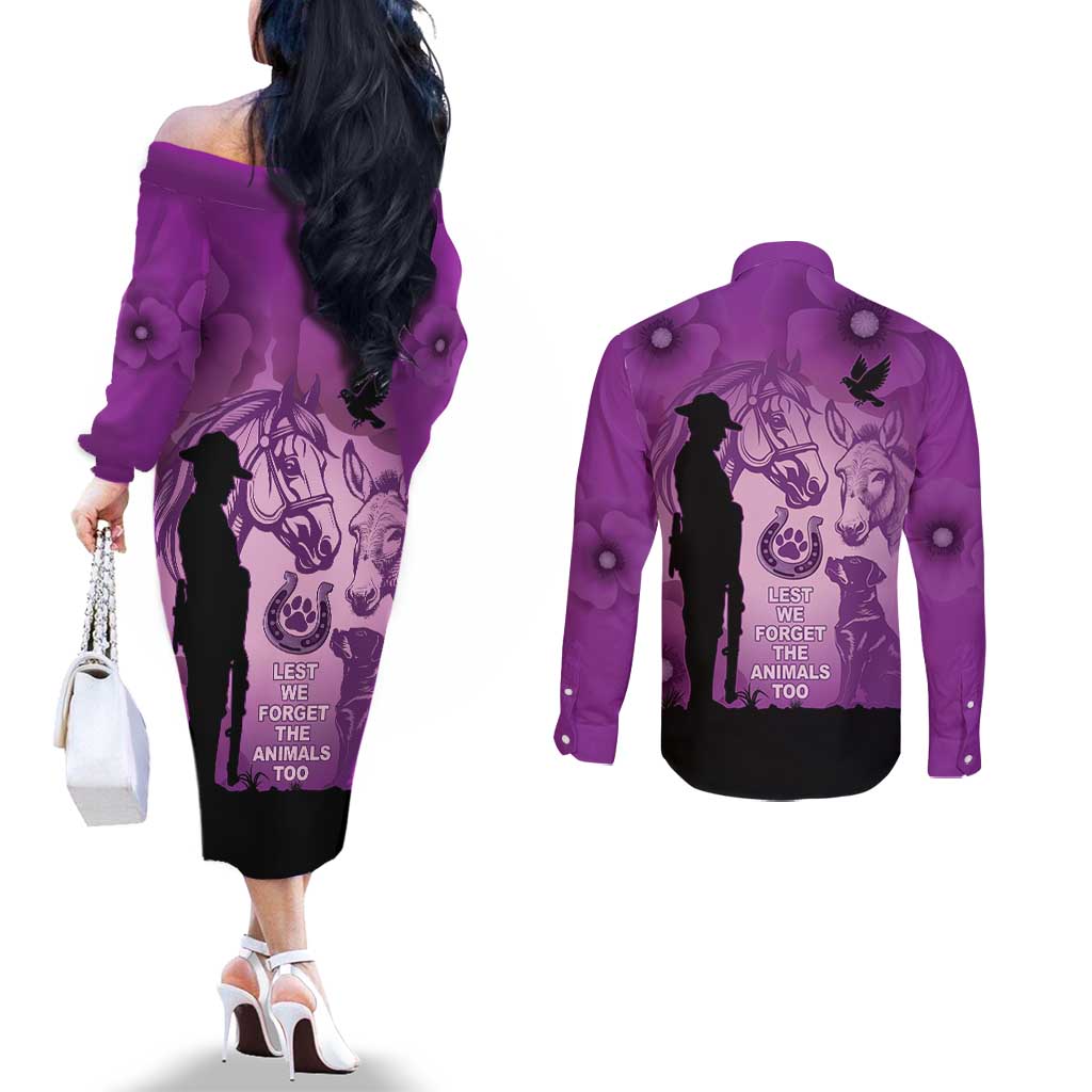 Australia Animals ANZAC Day Couples Matching Off The Shoulder Long Sleeve Dress and Long Sleeve Button Shirt Lest We Forget The Animals Too Purple Poppy