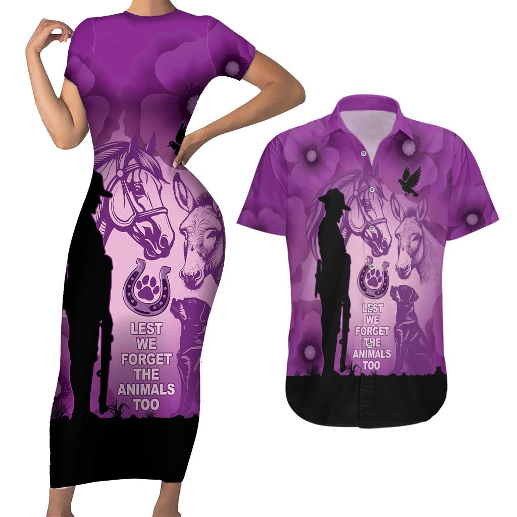 Australia Animals ANZAC Day Couples Matching Short Sleeve Bodycon Dress and Hawaiian Shirt Lest We Forget The Animals Too Purple Poppy